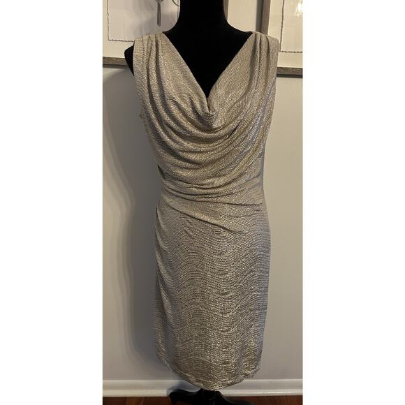 Ronni Nicole Dresses & Skirts - Gold Metallic Dress Ruched Sleeveless Drapey Cowl Neck Sheath Size 12 Cocktail